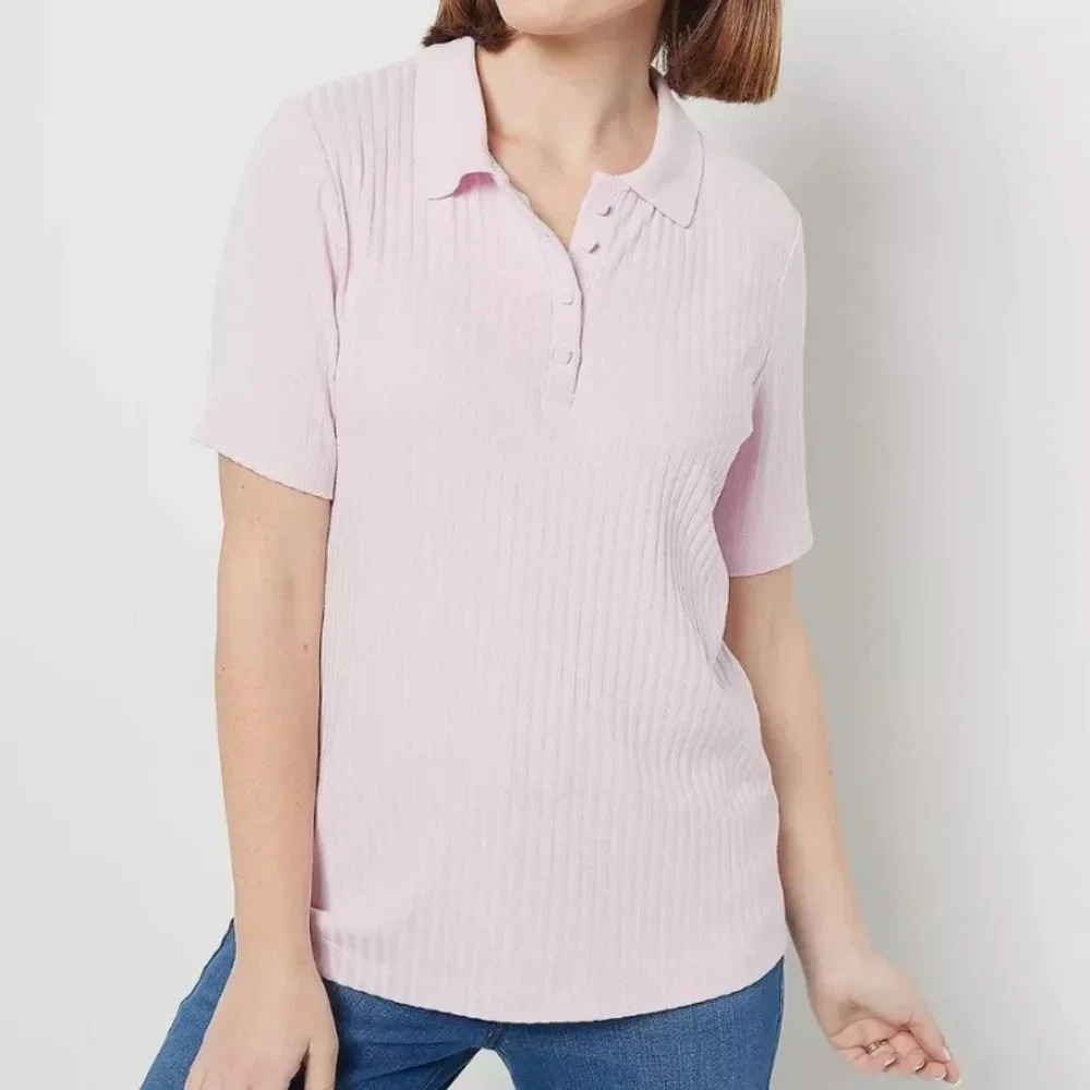 Isaac Mizrahi Live! Ribbed EIbow Sleeve Polo with Pearl Buttons Pink